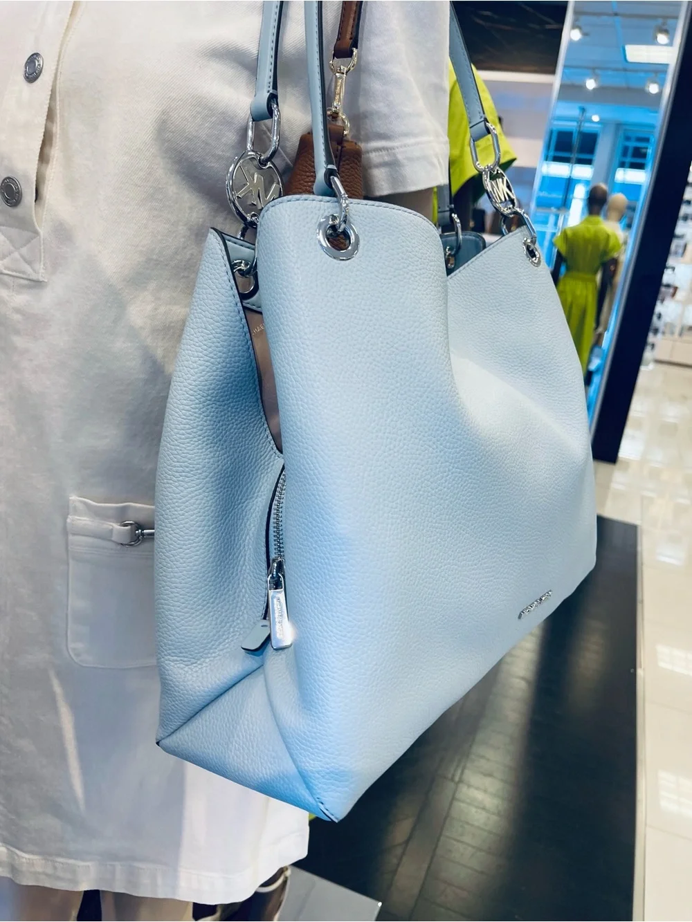 Michael Kors Christina Large Pebbled Leather Shoulder Bag Pale Ocean  NWT